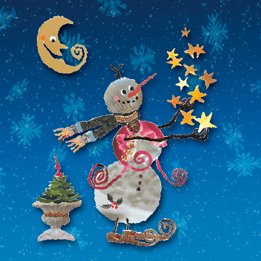 voorkant Kerstkaart sneeuwpop maan en sterren